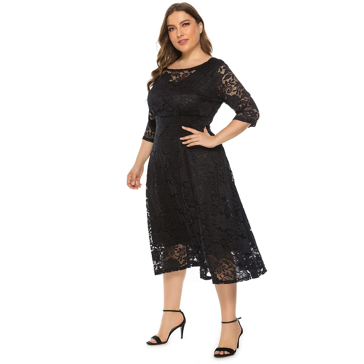 Odizli Vestido elegante de encaje para mujer, manga 3/4, vestido de noche, tallas grandes