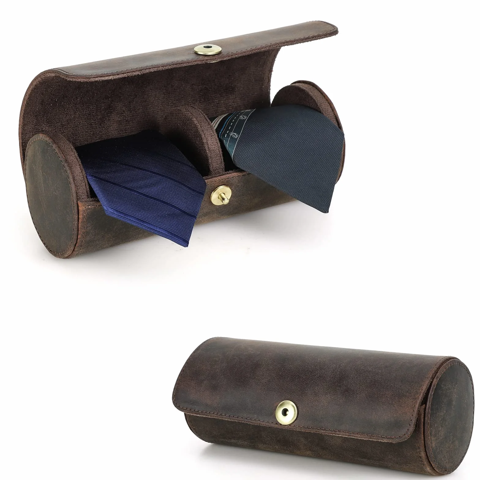 Hiram Caja de almacenamiento de corbatas, de piel auténtica, organizador de corbatas portátil para viajeros de negocios, 4005-café, 2 Ties, Estuche para corbata