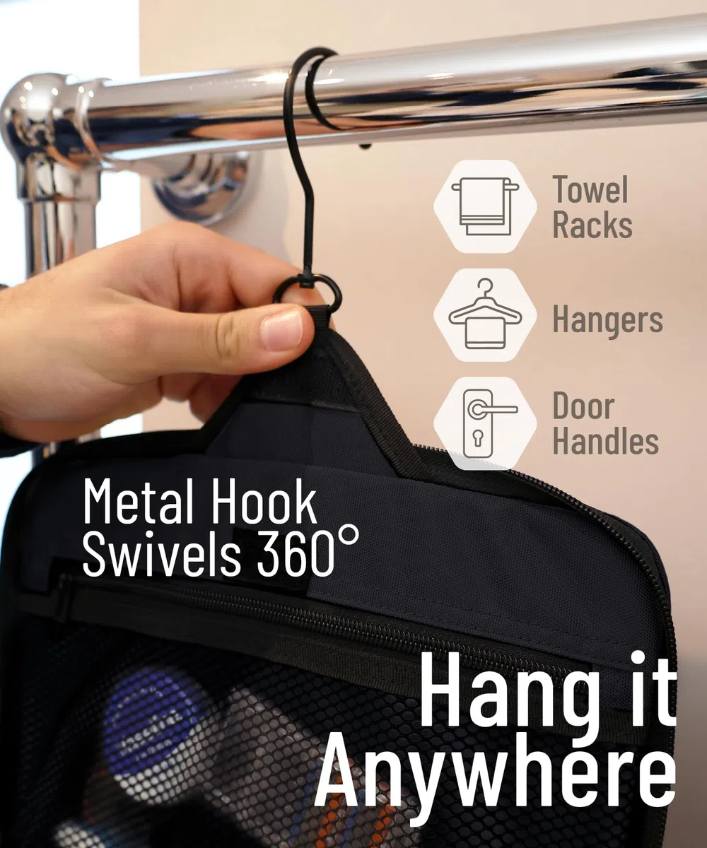 D&D Bolsa De Baño De Viaje Para Colgar Hombre/Mujer Gran Almacenamiento Cosméticos, Maquillaje, Artículos De Inodoro, 19 Compartimentos De Cremallera YKK, Gancho Giratorio Metal XXL, Nylon Impermeable