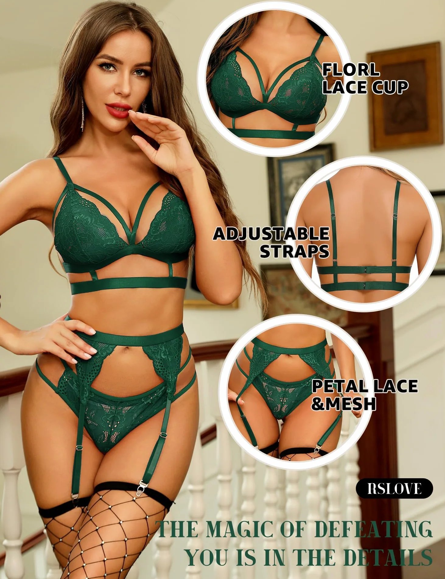 ZXLIHS Conjunto de lencería Sexy para Mujer con Sujetador y Bragas de Encaje Floral, 3 Piezas con Liguero