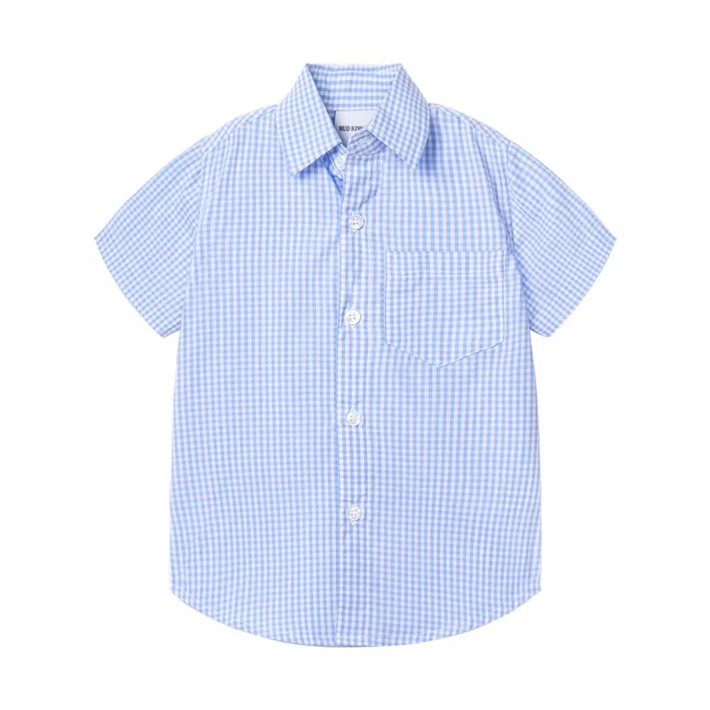 Mud Kingdom Camisa de manga corta con botones para niños, cuello redondo, parte inferior redonda, plisada, casual, verano