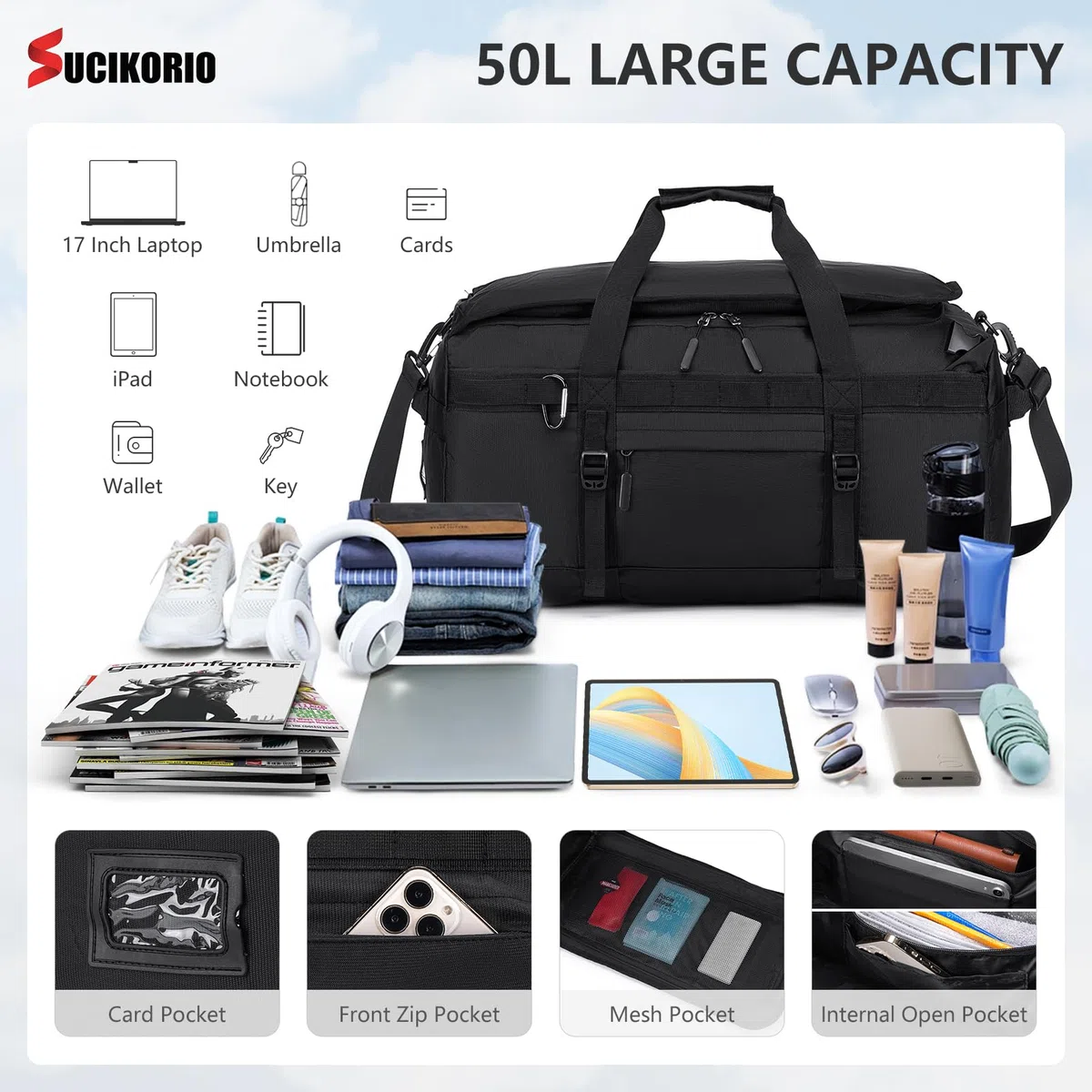 55x35x25cm KLM Bolsa Viaje Cabina Avion, 3 IN 1 Mochila Viaje Cabina Avion Impermeable Bolso de Mano Viaje Grande 50L Maleta Cabinas Travel Bag Bolsa Deporte con Bolsa Húmeda Mujer Hombre