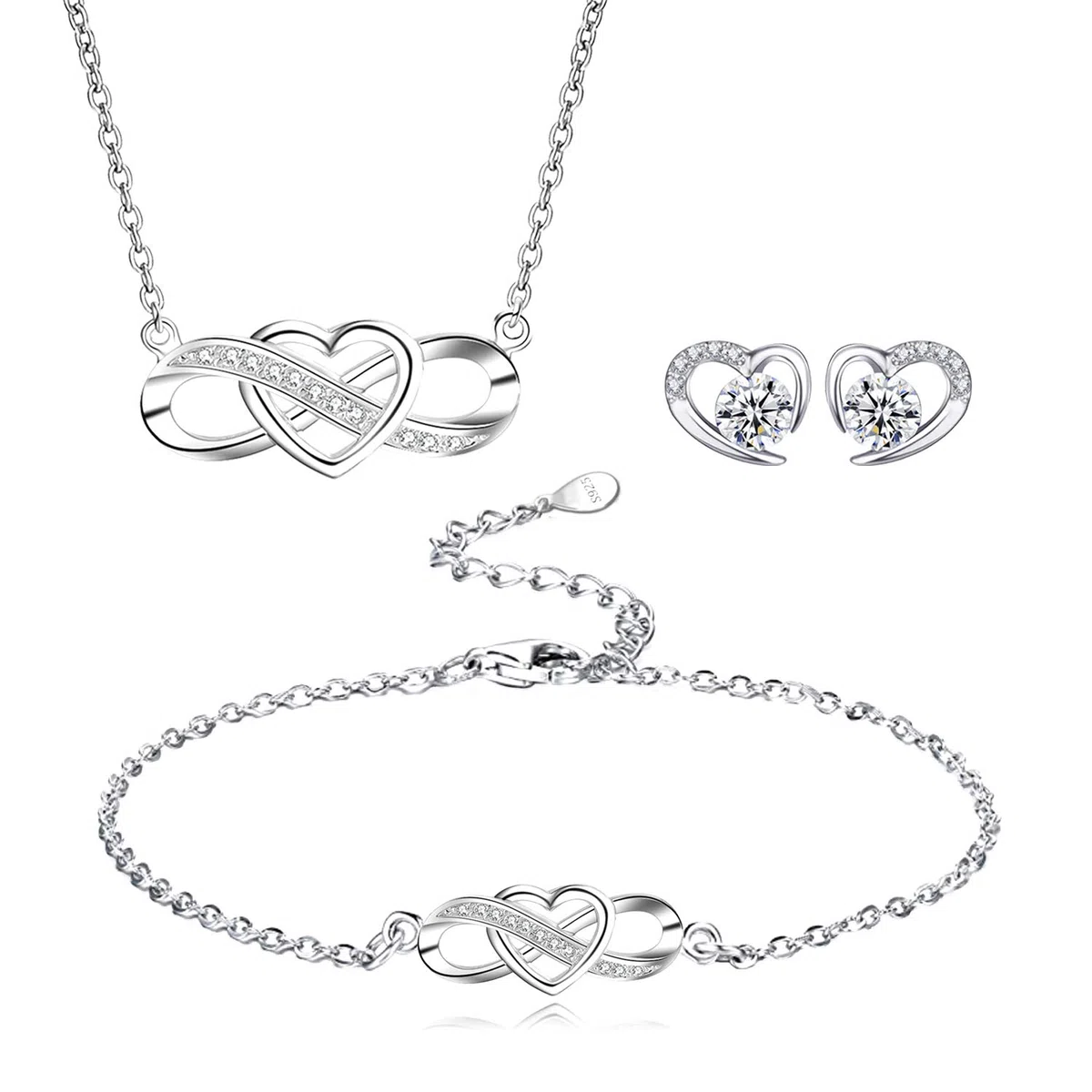 Juego de Joyas para Mujer, Collar y Pulsera Corazón Infinito, Pendientes Corazón con Cristales Austriacos, Plata de Ley 925, Un Regalo Para Una Mujer
