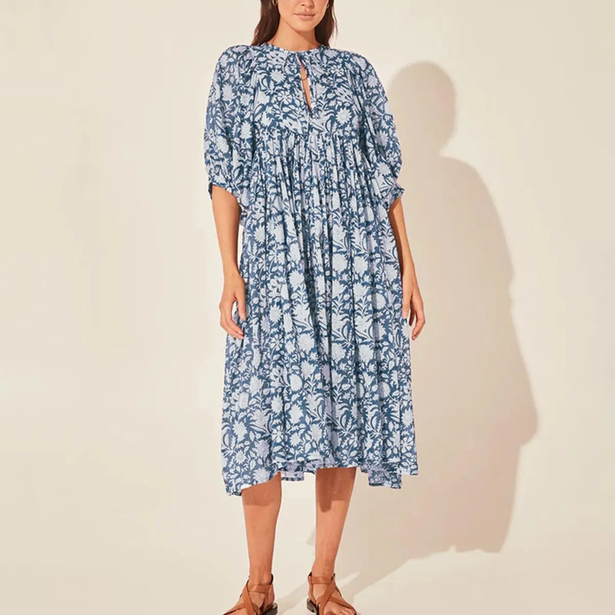 Vestidos Casuales De Verano for Mujer, Vestido Playa Midi Suelto con Mangas Abullonadas Y Estampado Floral, Medio Abierto
