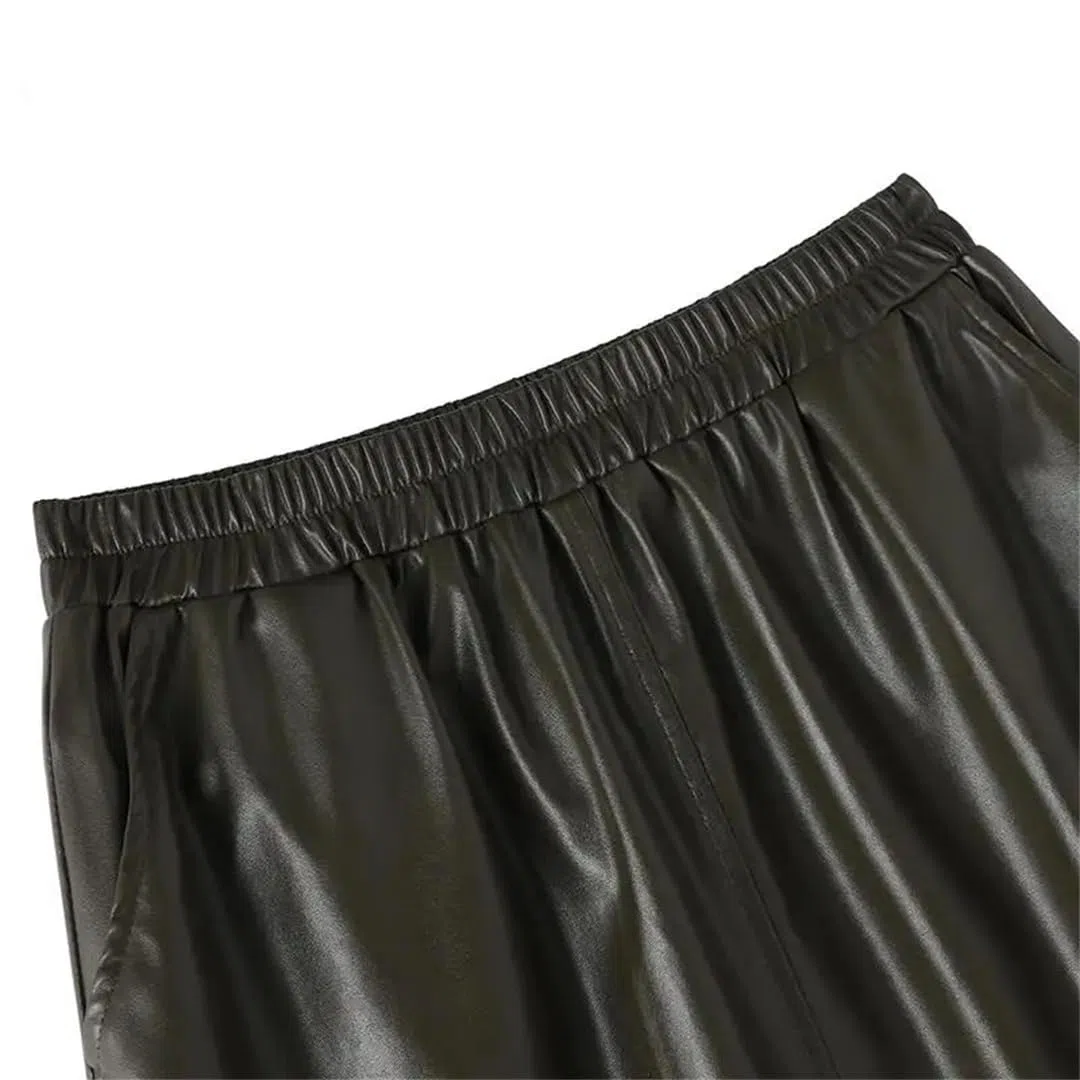Wjnvfioo Elegantes faldas maxi de mujer cintura alta elástica falda de fiesta femenina vacaciones trabajo PU cuero faldas sueltas