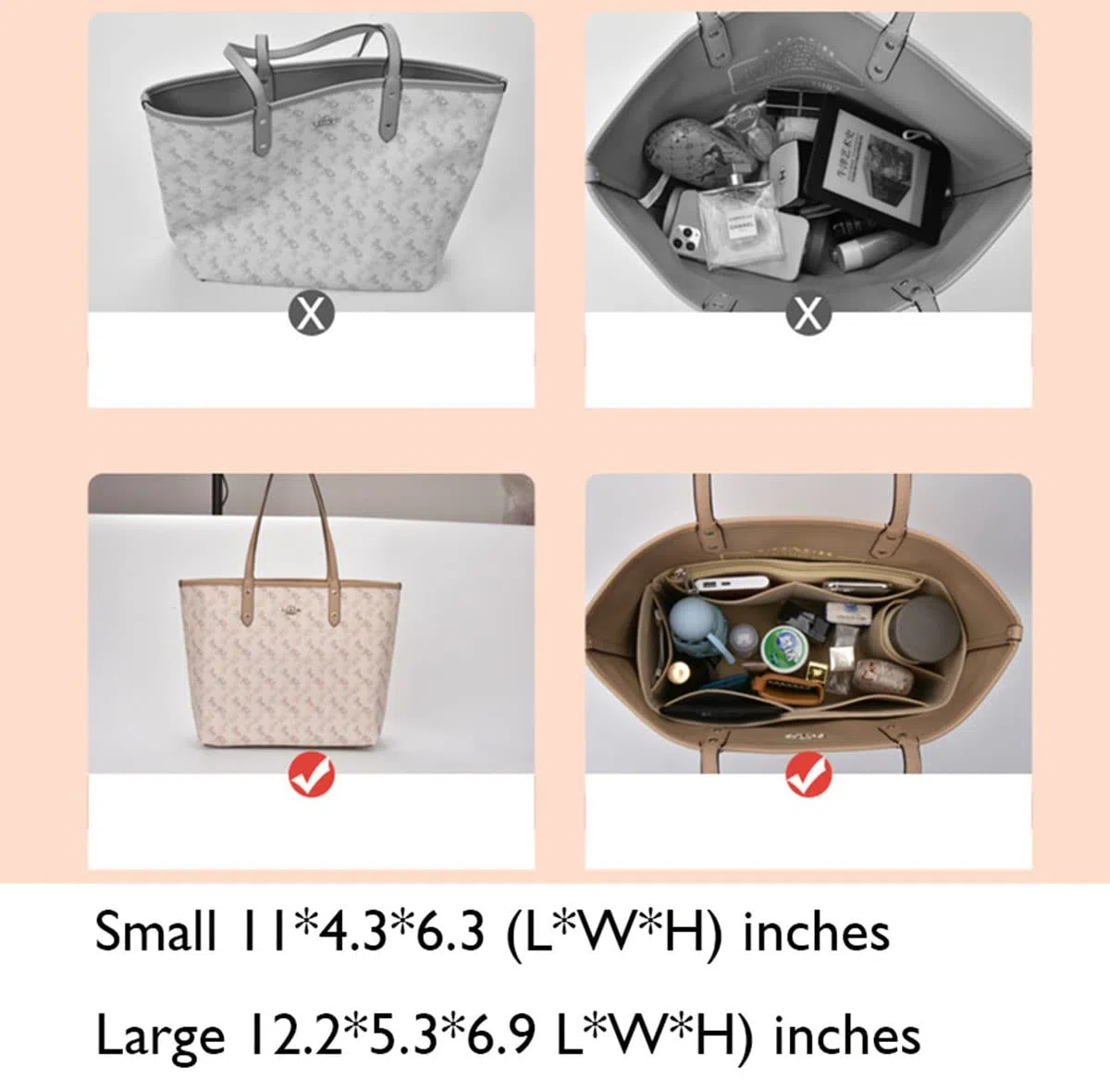 Lckaey Organizador de bolso para bolsa de entrenador, organizador de mano pequeña, grande, 1082 gris, tirador lateral L