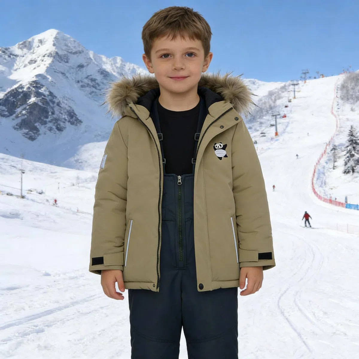 Generisch Traje de invierno para deportes de invierno con peto, resistente al viento, cálido, impermeable, traje de nieve para niños y niñas, ropa de juego (caqui, 1-2 años)