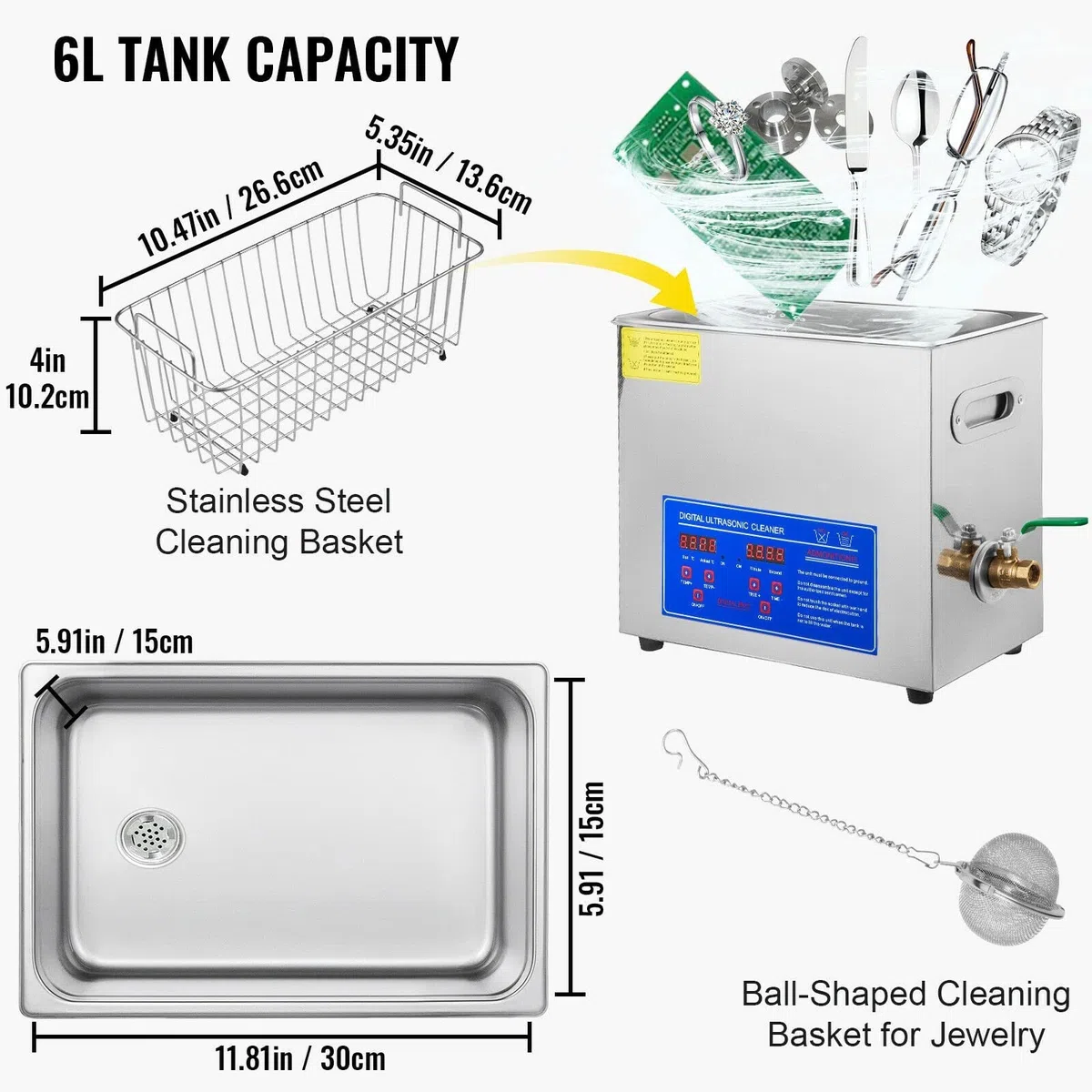 Limpiador ultrasónico de 200W, limpiador de joyas, calentador, temporizador, tanque de 6L, máquina de limpieza de baño, equipo industrial de acero inoxidable