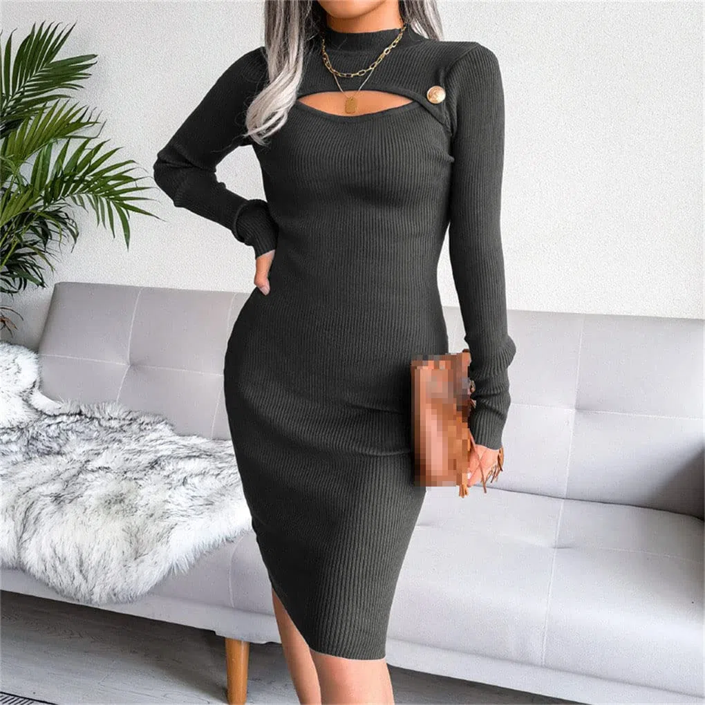 Suvoiier Vestido ajustado de punto para mujer, de otoño, de manga larga, hueco, para mujer, vestido de lápiz