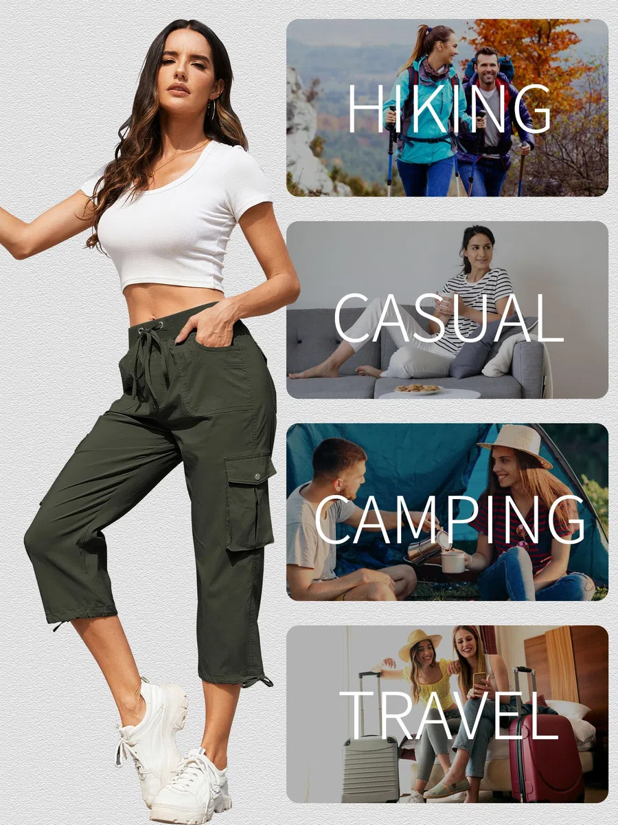 Hormtaer Pantalones cortos para mujer, estilo capri, estilo cargo, para verano, pantalones deportivos de 3/4 de longitud, pantalones de senderismo casuales con 6 bolsillos