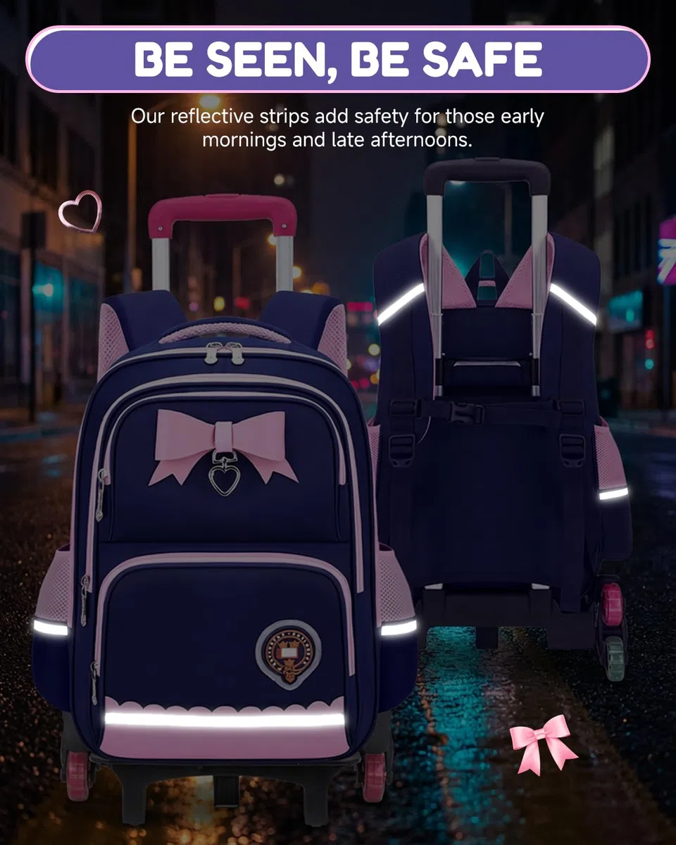 Amythe Mochila Ruedas para Niña Primaria con Bandas Reflectantes, Azul | Mochilas Carro Extraíble 6 Ruedas, Mochila Colegio Niñas 6 a 10 Años, Hidrorrepelente, con Correa Pectoral, Vuelta al cole