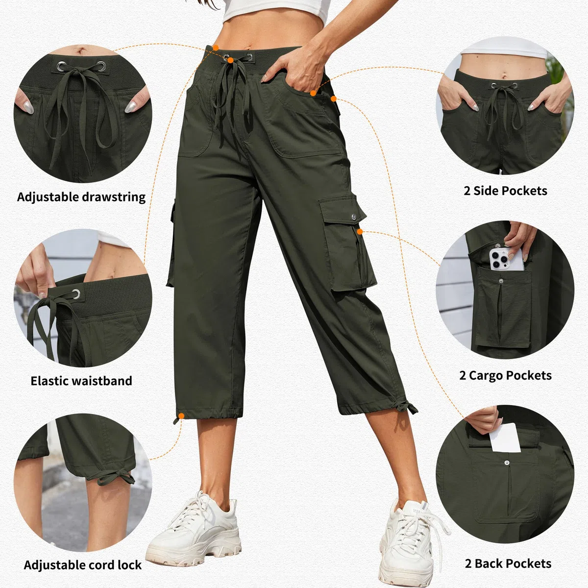 Hormtaer Pantalones cortos para mujer, estilo capri, estilo cargo, para verano, pantalones deportivos de 3/4 de longitud, pantalones de senderismo casuales con 6 bolsillos