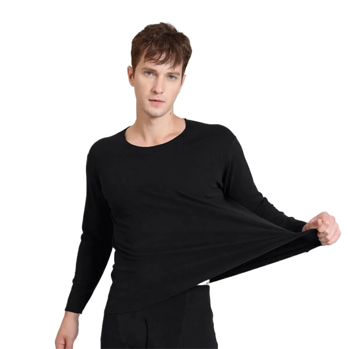 Conjuntos Térmicos Para Hombre Otoño Invierno ropa interior térmica de manga larga sin costuras for hombre talla grande cuello redondo ropa fina de otoño Top Para El Running, El Esquí(Black,6XL (117-1