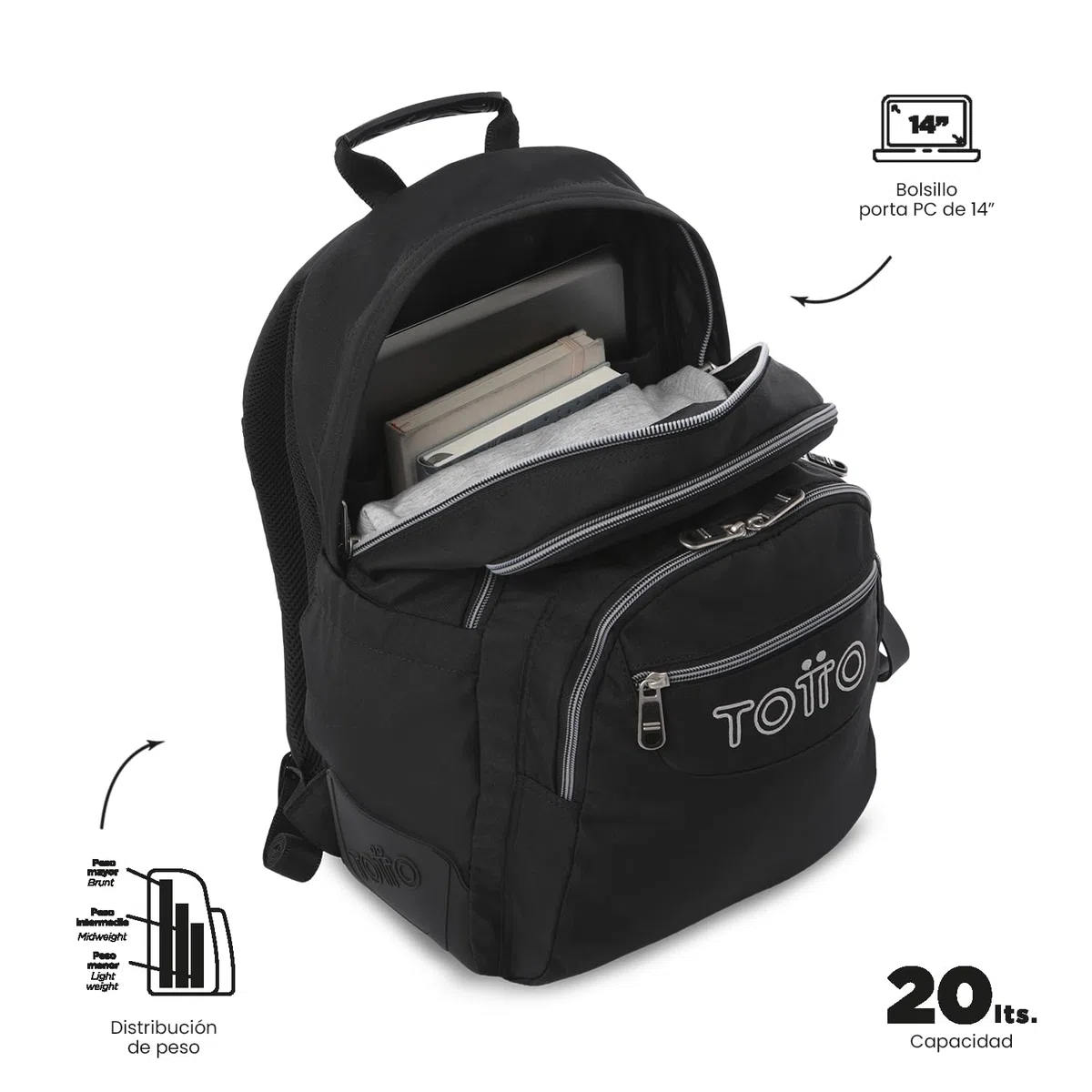 TOTTO - Mochila Escolar Grande, Modelo Rayol Ecole Solid, Capacidad 19 L, 3 Compartimentos, 2 Bolsillos Botella, Bolsillo PC 14", Espaldar Ergonómico con Flujo de Aire, Correas en S, Color Negro
