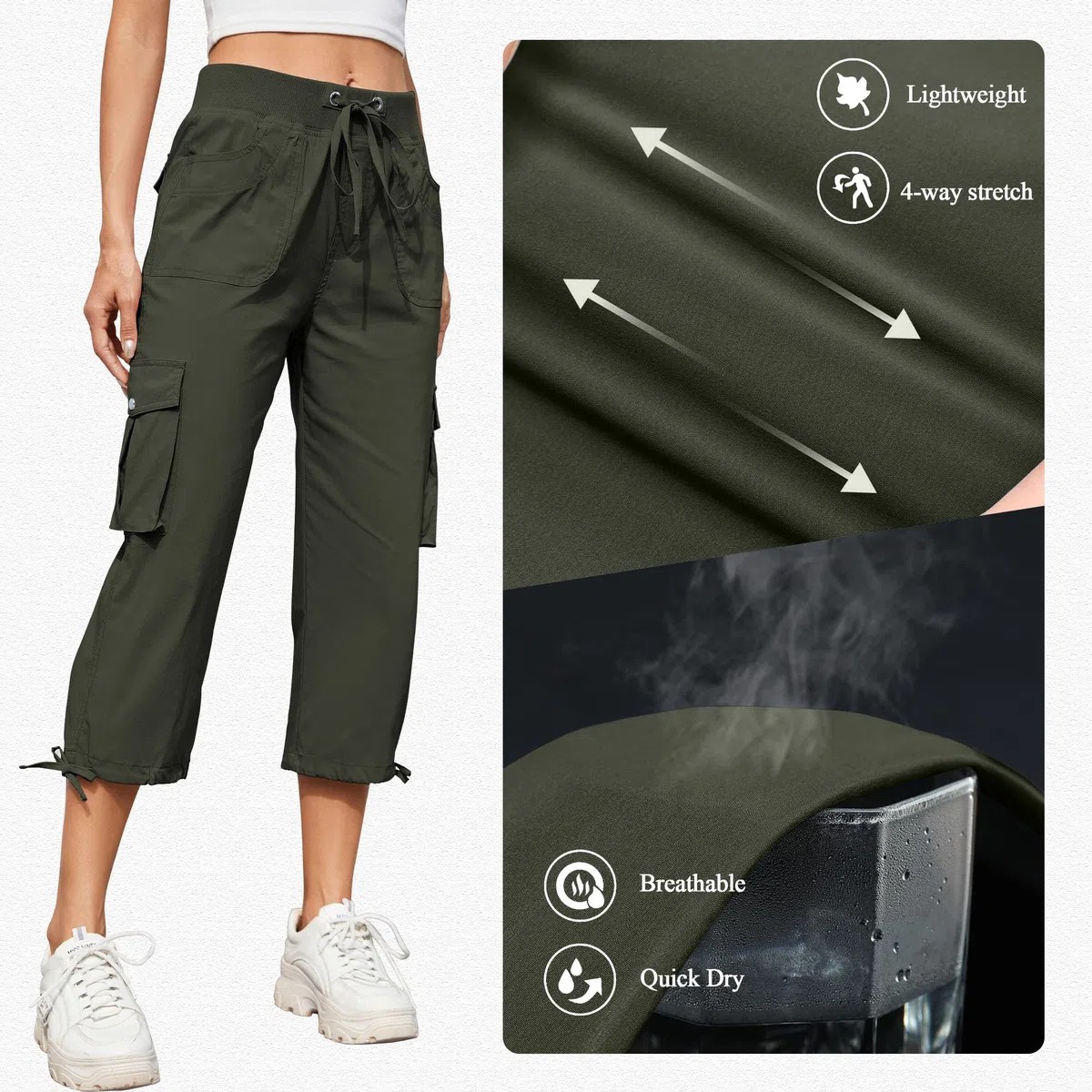 Hormtaer Pantalones cortos para mujer, estilo capri, estilo cargo, para verano, pantalones deportivos de 3/4 de longitud, pantalones de senderismo casuales con 6 bolsillos
