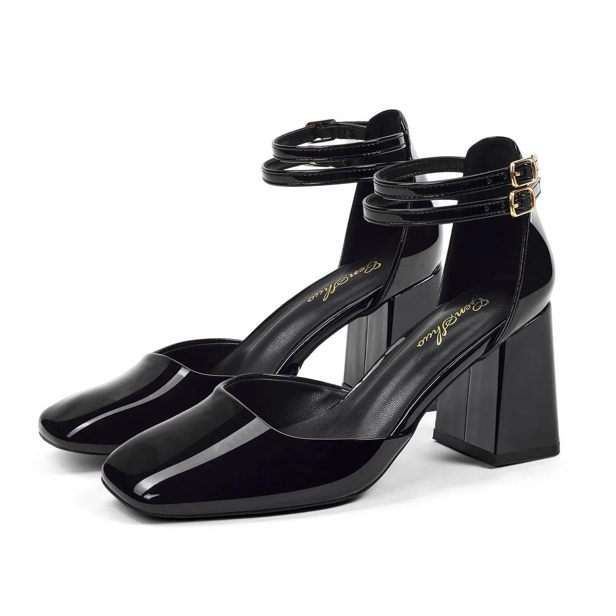 GENSHUO Zapatos de Tacón Grueso para Mujer, Doble Correa al Tobillo, Punta Cuadrada, Tacones Elegantes y Cómodos para Vestimenta Formal