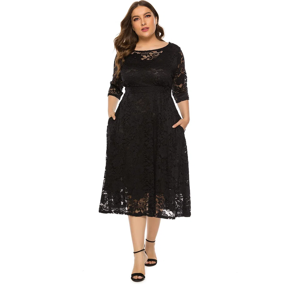 Odizli Vestido elegante de encaje para mujer, manga 3/4, vestido de noche, tallas grandes