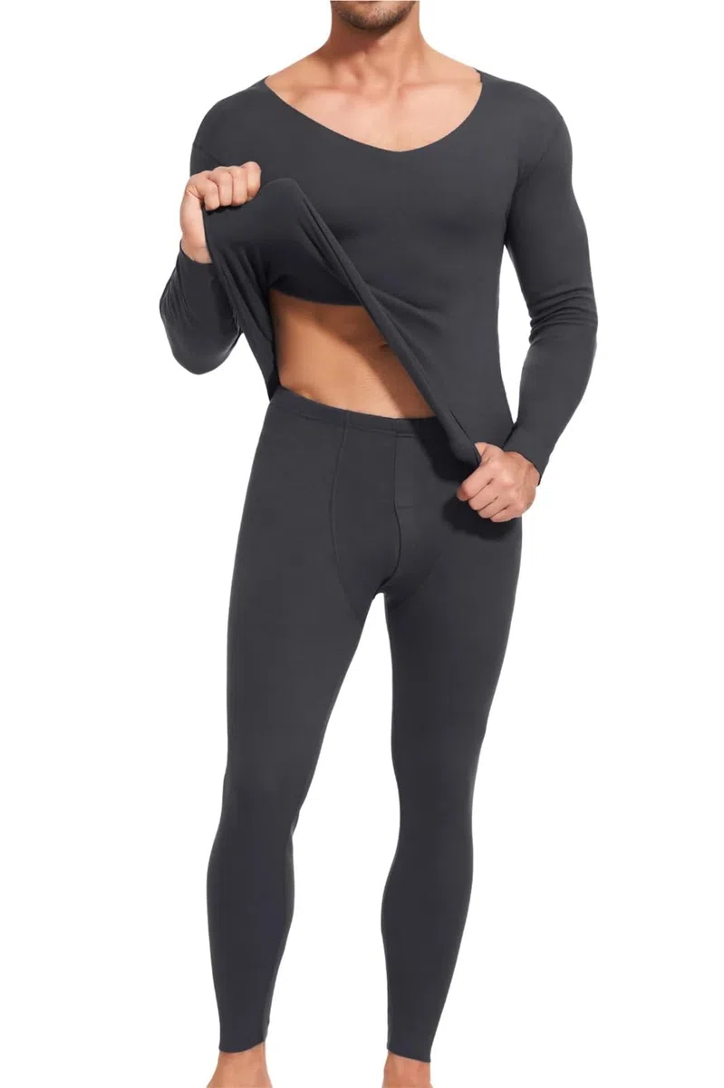 Conjuntos Térmicos Para Hombre Ropa interior térmica cepillada for hombre, conjunto de pantalones de manga larga con cuello en V, sin costuras, cómodos, de invierno Para El Running, El Esquí(Deep-Grey