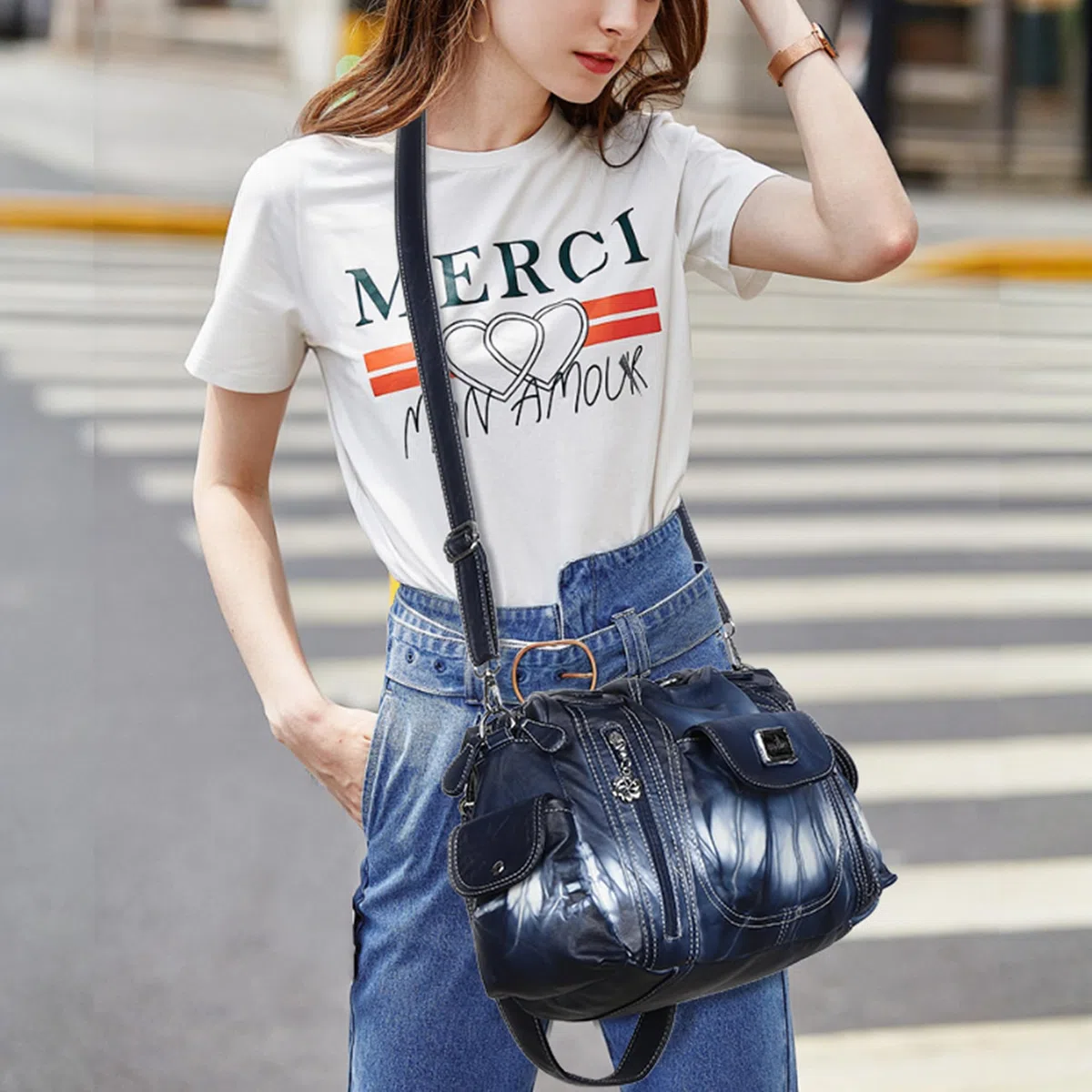 Angel Kiss Bolsos de hombro para mujer, de piel lavada, con múltiples bolsillos