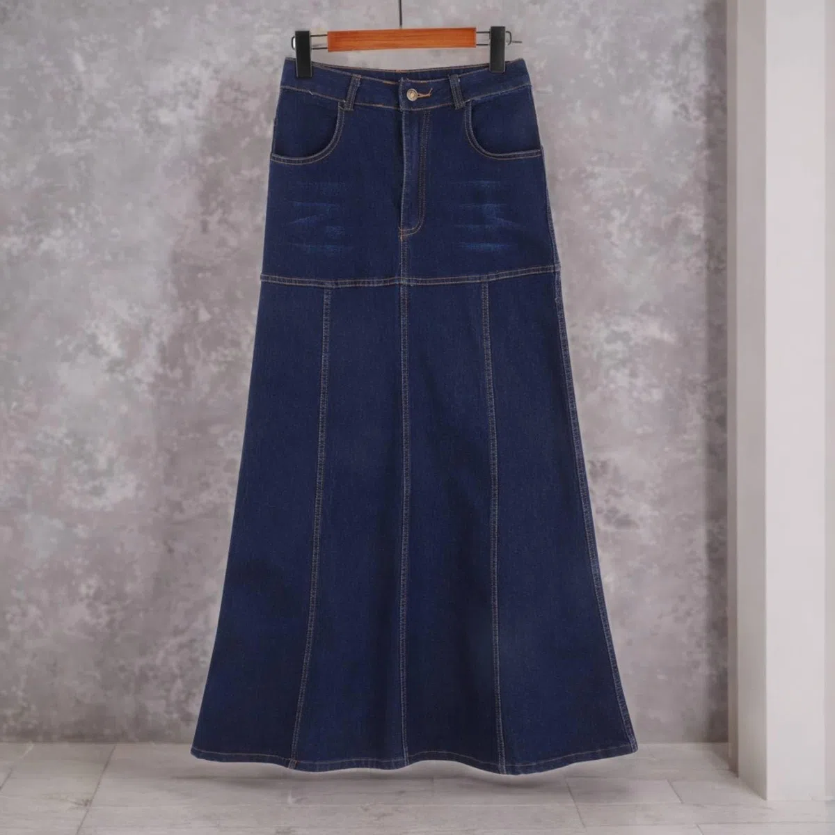 Falda midi Vaqueros para mujer: falda vaquera para mujer hasta la rodilla elegante falda larga de cintura alta falda acampanada con bolsillos y tira de botones falda de verano holgada falda plisada