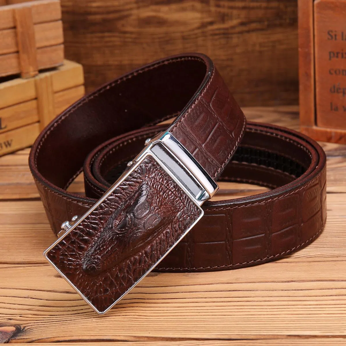 Cinturón de costura de cuero para hombre, hebilla de trinquete automática, correa de cintura deslizante, ajuste para adaptarse con cabeza de cocodrilo grabada