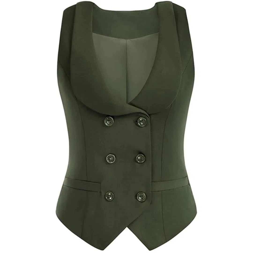 Chaleco para mujer, cuello de solapa, doble botonadura, elegante, chaleco de negocios, oficina, ropa de trabajo formal