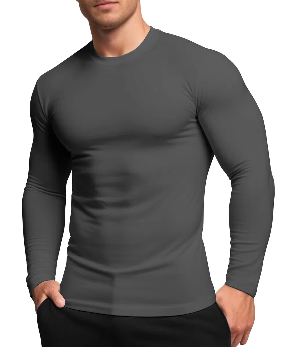 Camiseta interior deportiva para hombre, capa base térmica atlética, cuello redondo, manga larga, camiseta de entrenamiento ajustada