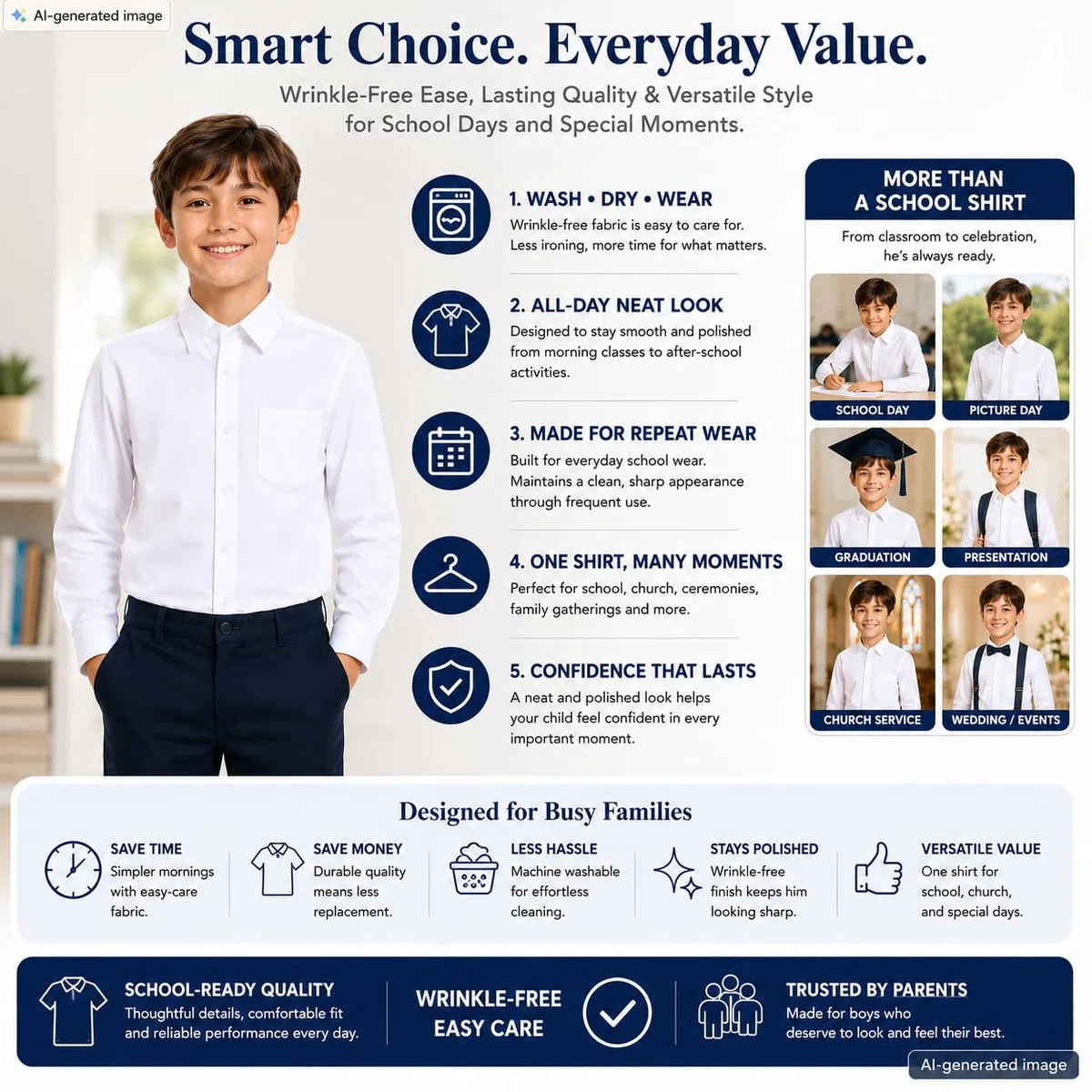 Bienzoe - Camisa Oxford de manga larga con botones para niño - Blanco - (10- 11 años)