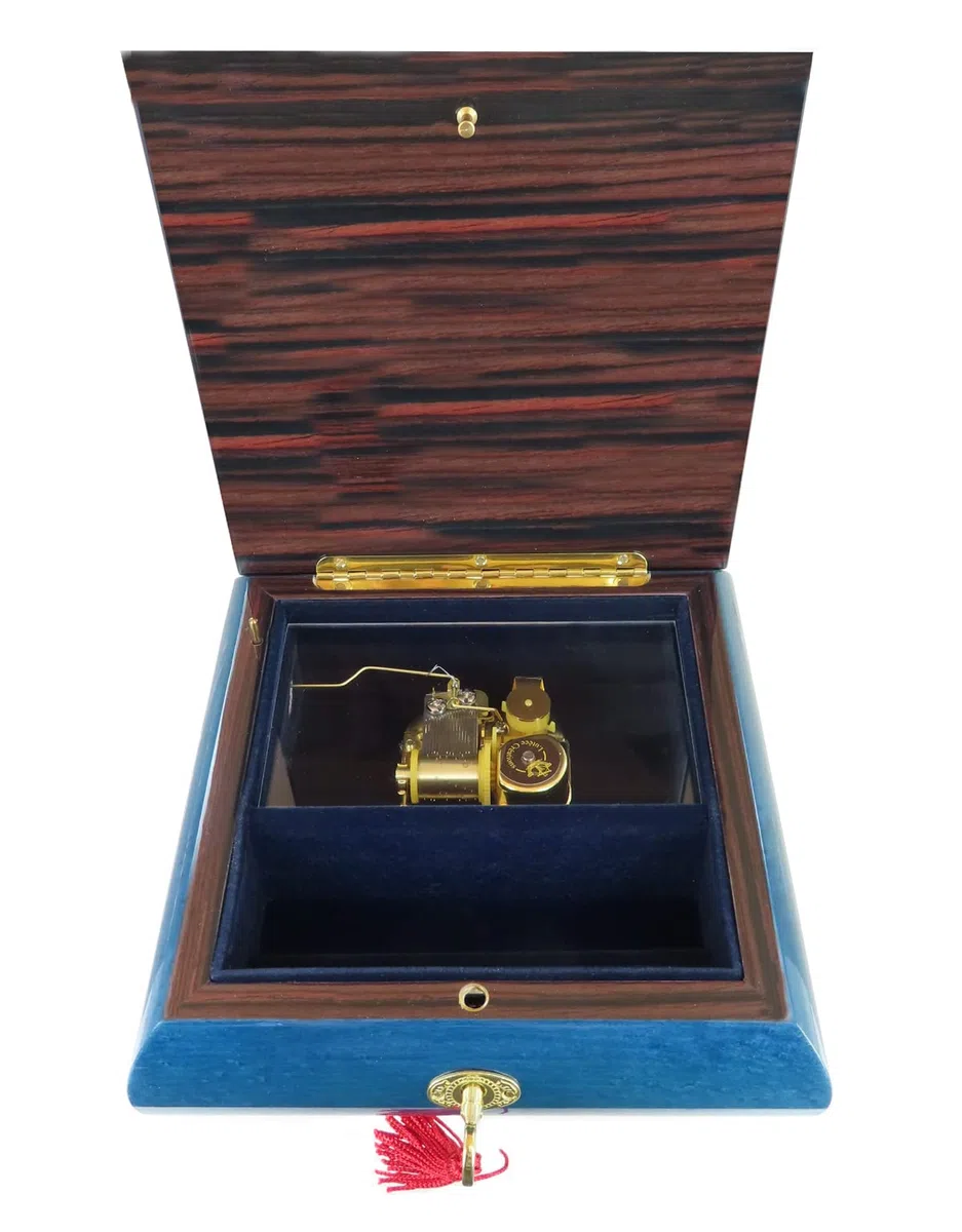 Joyero musical/caja de música para joyas de madera teñida de azul con marquetería ramo de flores y mecanismo musical de resorte de 18 notas - Over the rainbow - El mago de Oz (Harold Arlen).