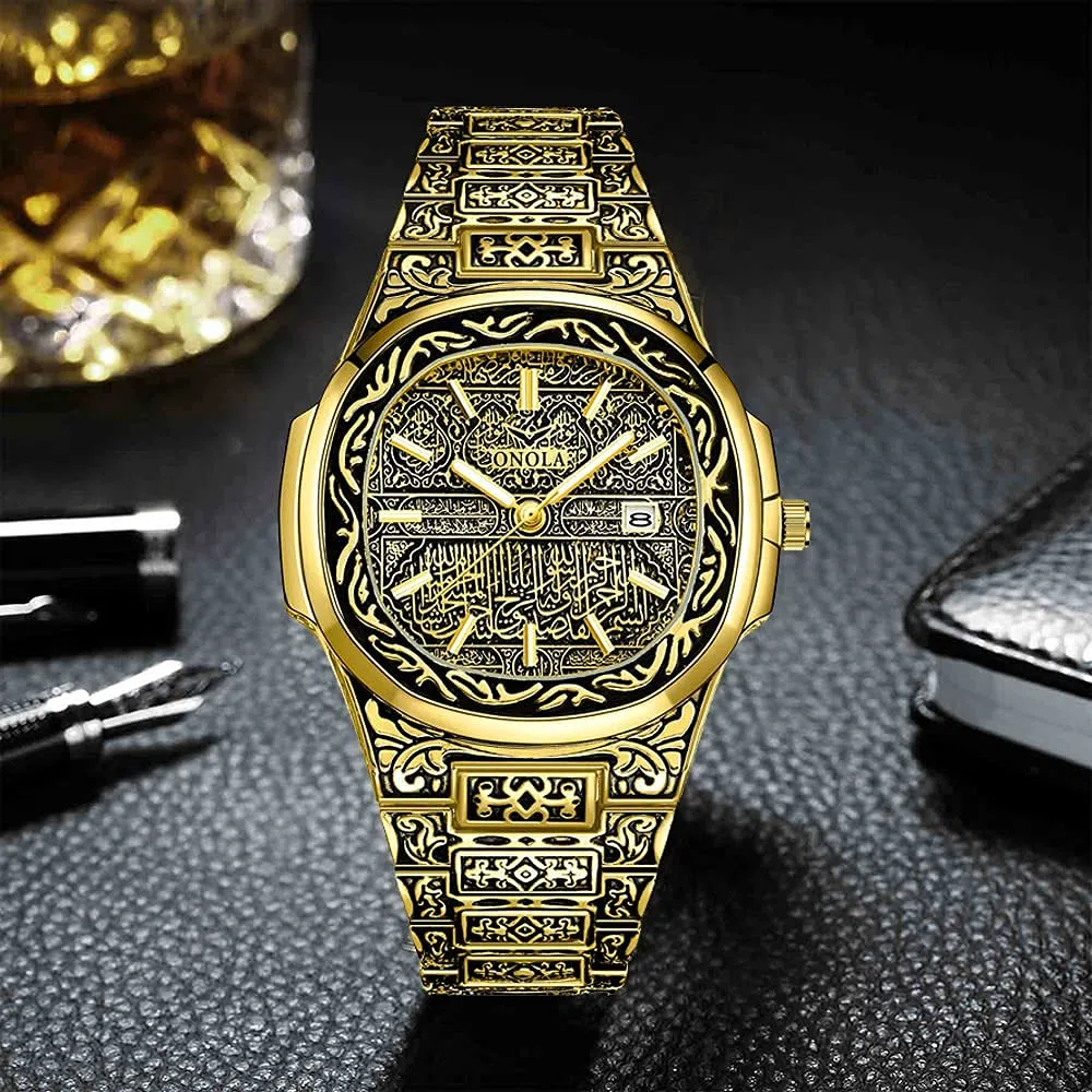 Relojes de cuarzo retro de los hombres con patrón de tatuaje tallado pulsera de acero inoxidable calendario impermeable reloj de pulsera