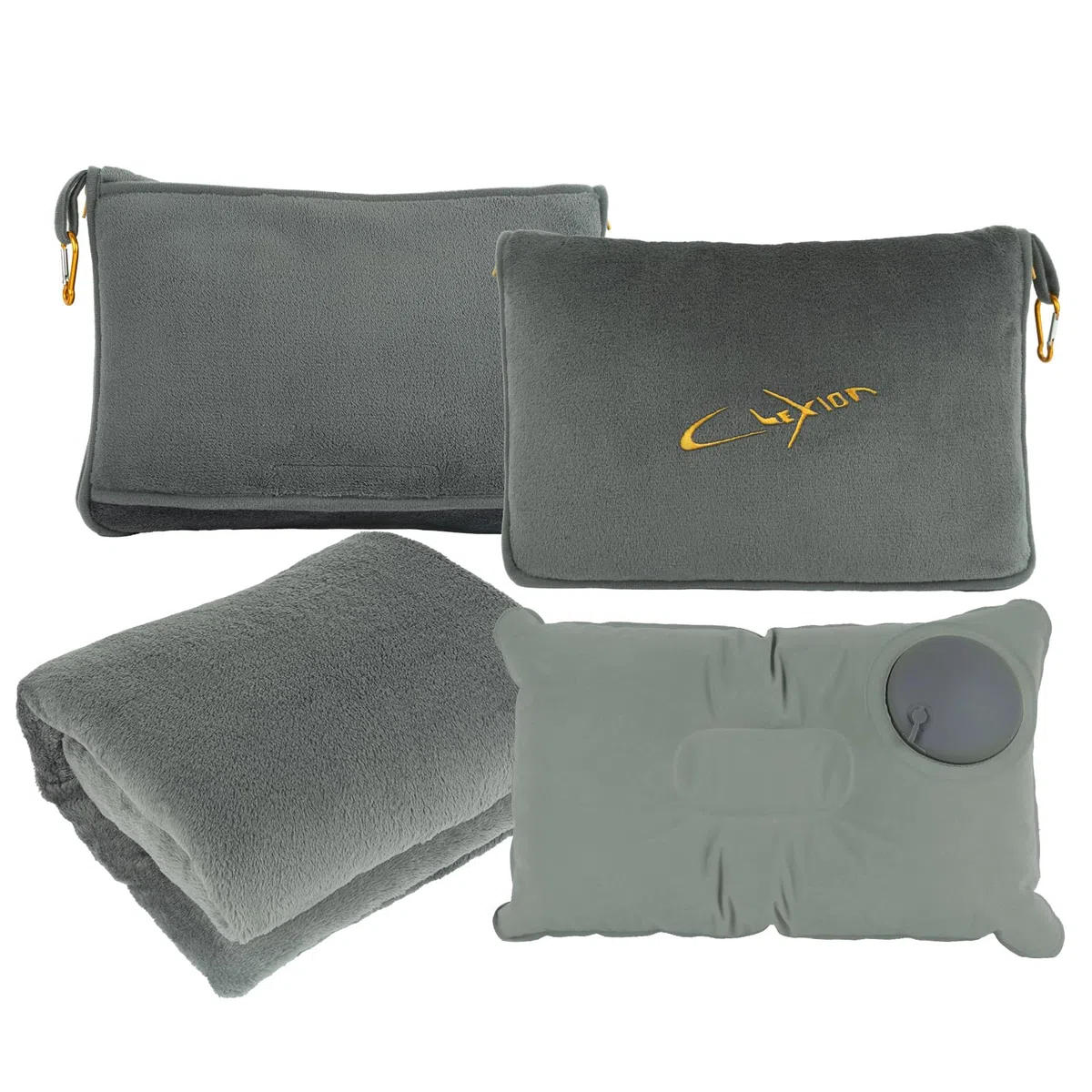 Almohada de viaje suave 3 en 1, manta de avión para viajes largos, esencial con funda de almohada para bolsa, funda de equipaje de mano y clip para mochila (gris)