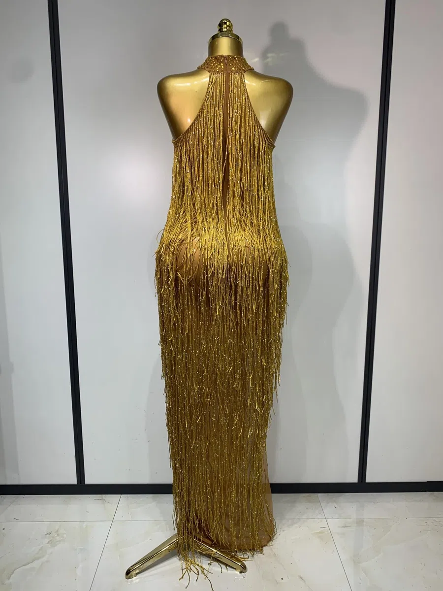 Vestido Sexy dorado con borlas de cristales brillantes for mujer, vestido elegante for graduación, fiesta noche, club nocturno, vestidos for sesión fotos cumpleaños para Bailes y Fiestas