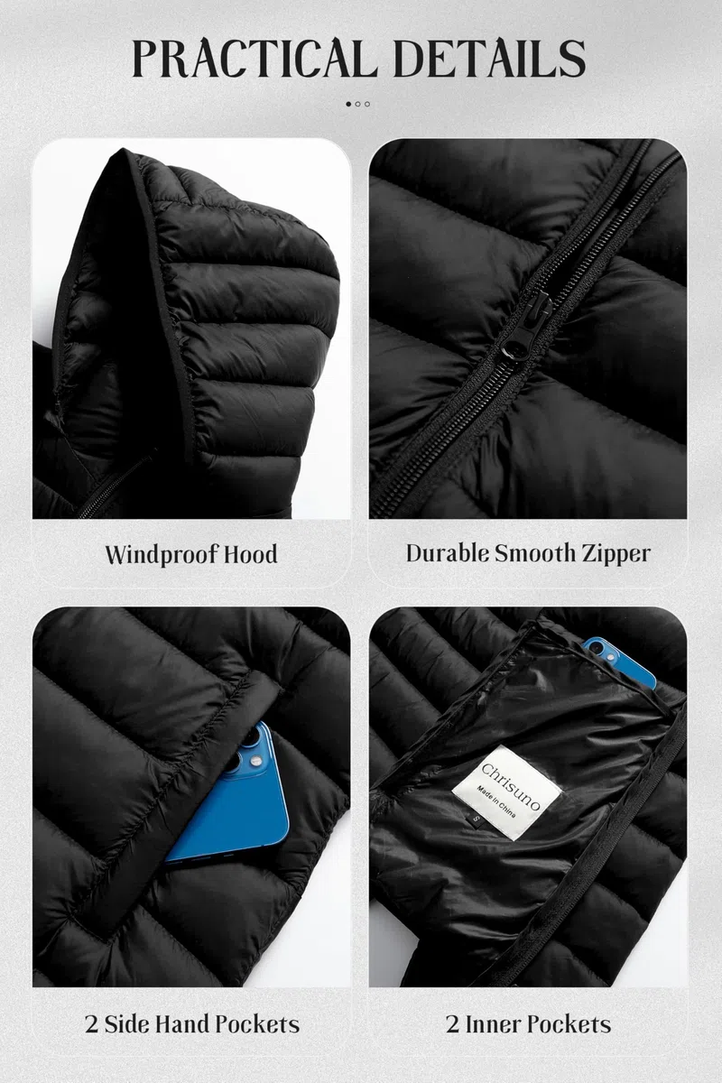 Chrisuno Chaqueta ligera acolchada corta para mujer, abrigo de invierno cálido con capucha extraíble