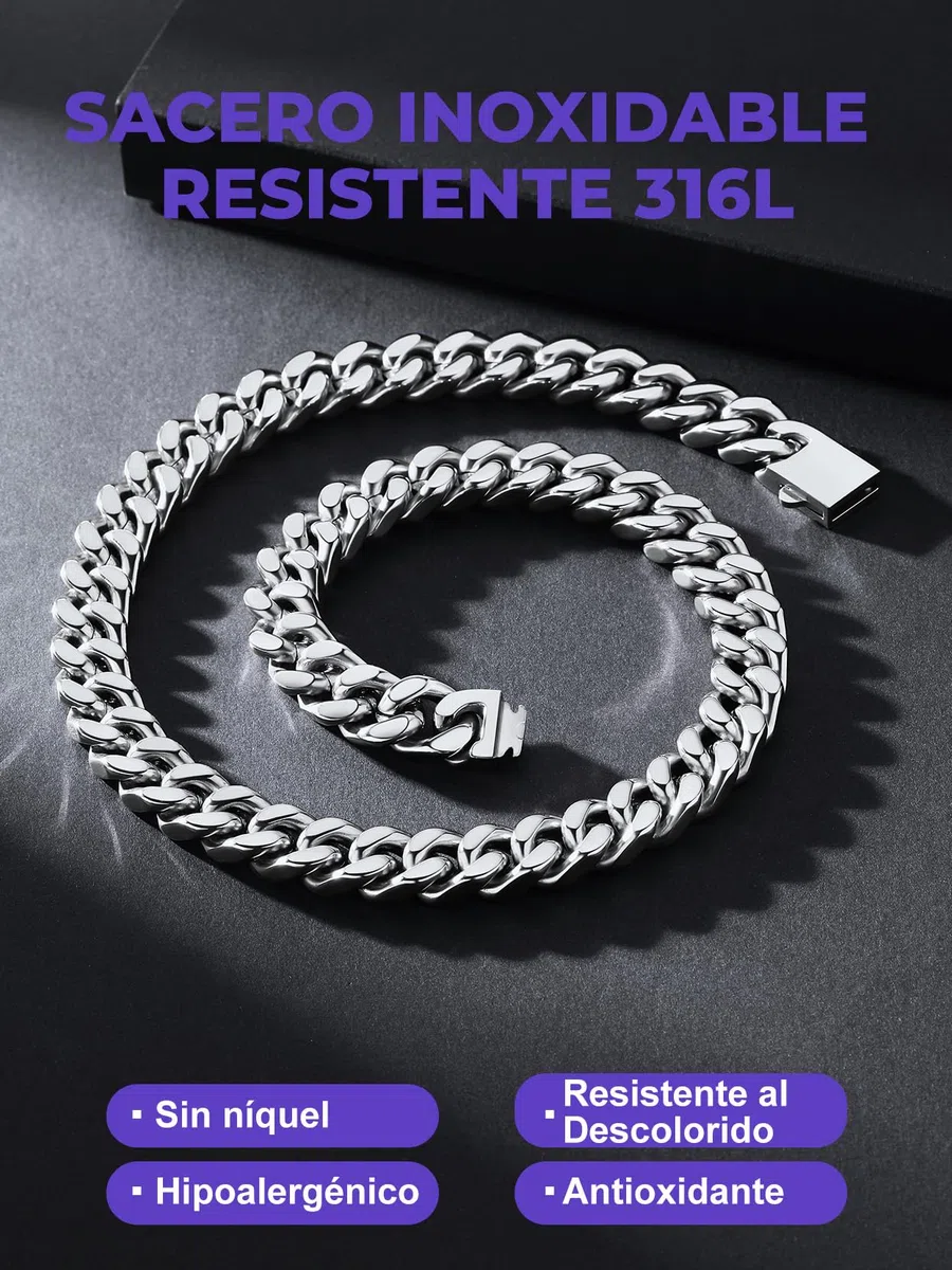 Richsteel Cadena Cubana Collar Hombre Acero Inoxidable 5mm/7mm/9mm/12mm Ancho Cadenas Eslabones Cubanos con Cierre de Presión Joyas de Hombres Mujeres 46cm-76cm Disponible