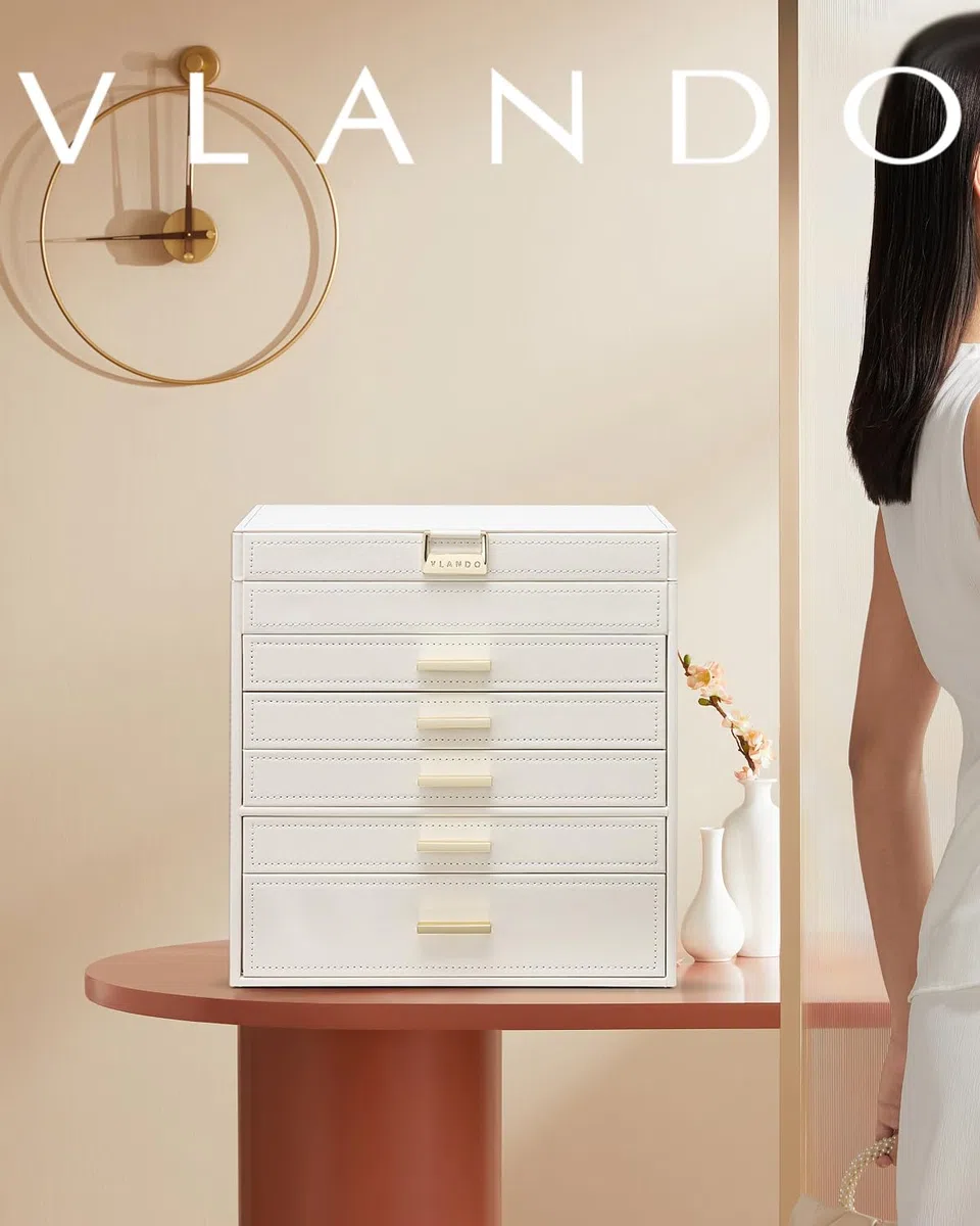 Vlando Joyero grande de 6 capas, organizador de joyas con soporte para collares, almacenamiento de joyas para anillos, pulseras y relojes, regalo para mujer (blanco)