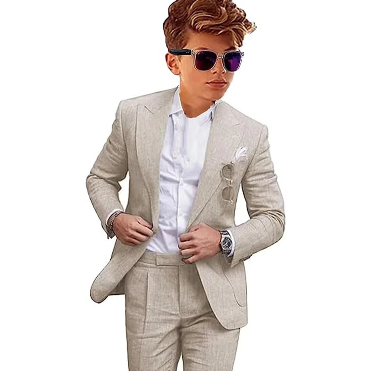 Traje de lino de 2 piezas para niño, ajuste delgado, trajes formales para boda