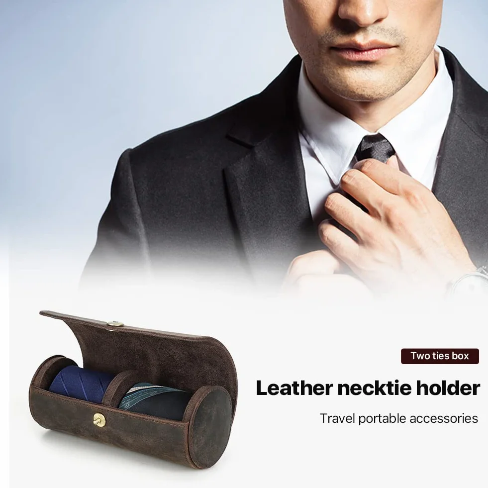 Hiram Caja de almacenamiento de corbatas, de piel auténtica, organizador de corbatas portátil para viajeros de negocios, 4005-café, 2 Ties, Estuche para corbata
