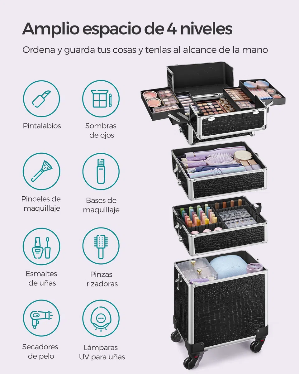SONGMICS Maleta de Maquillaje Profesional, Maletín para Cosméticos 4 en 1, Extra Grande, Maletín de Peluquería, Con Tapa, 35 x 25 x 79 cm, Cerradura, Ruedas 360°, para Viaje, Regalo, Negro JHZ06B
