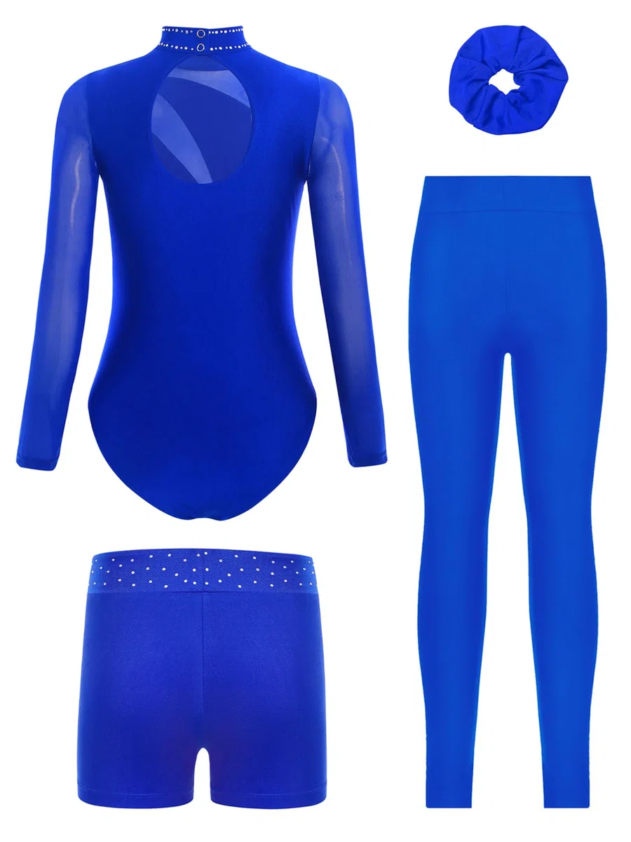 TiaoBug Conjunto De Baile Para Niñas Leotardo Gimnasia Rítmica Manga Larga Con Pantalones Cortos Y Leggings Traje De Patinaje Artístico Azul 13-14 años