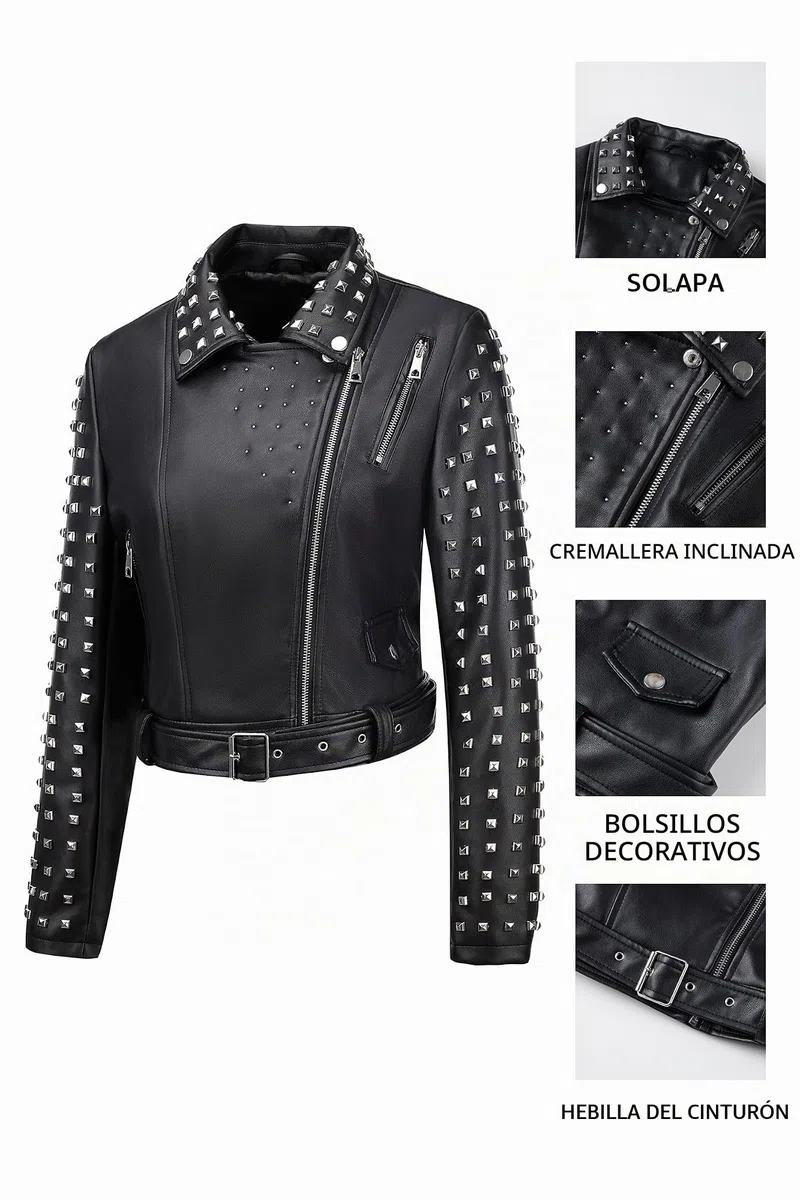 Giolshon Mujer Chaqueta de cuero sintético Remache tachonado Moto Floral Biker Abrigo de solapa corta