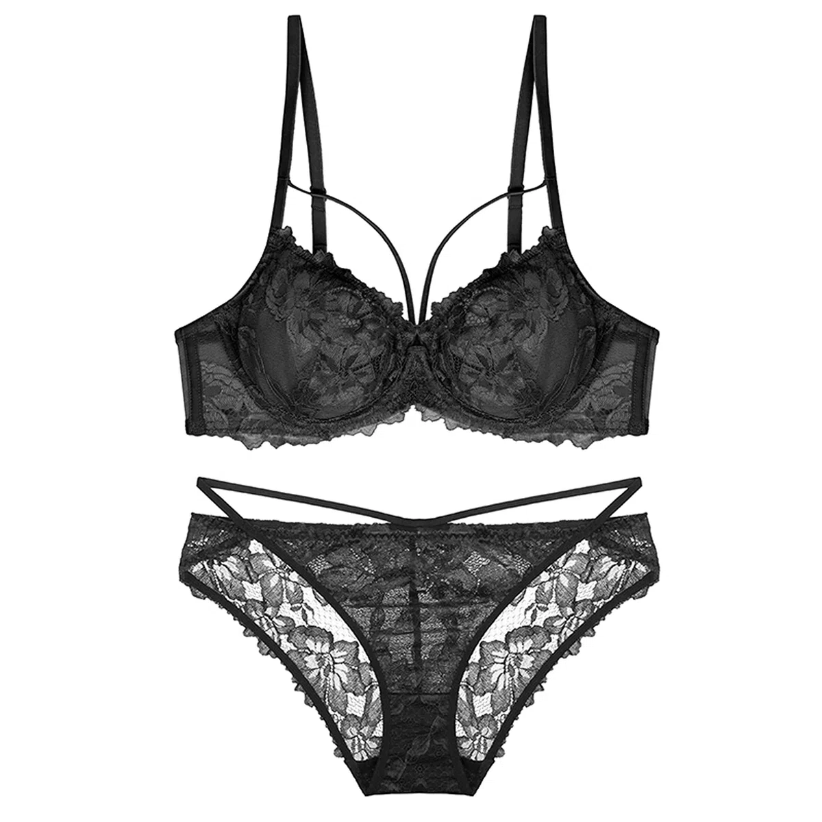 WENJUN Conjunto de sujetador y bragas sexy para mujer, lencería de encaje con aros, sujetador transparente no acolchado, bralette de vendaje fino (color negro, tamaño: 85E)