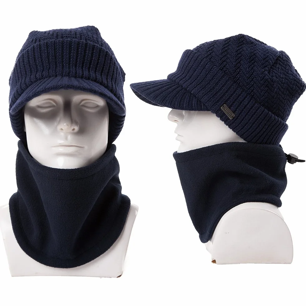 Comhats M/L/XL - Conjunto de invierno para hombre de lana merino con visera y bufanda de esquí, gorro de lana con visera y calentador de cuello de forro polar