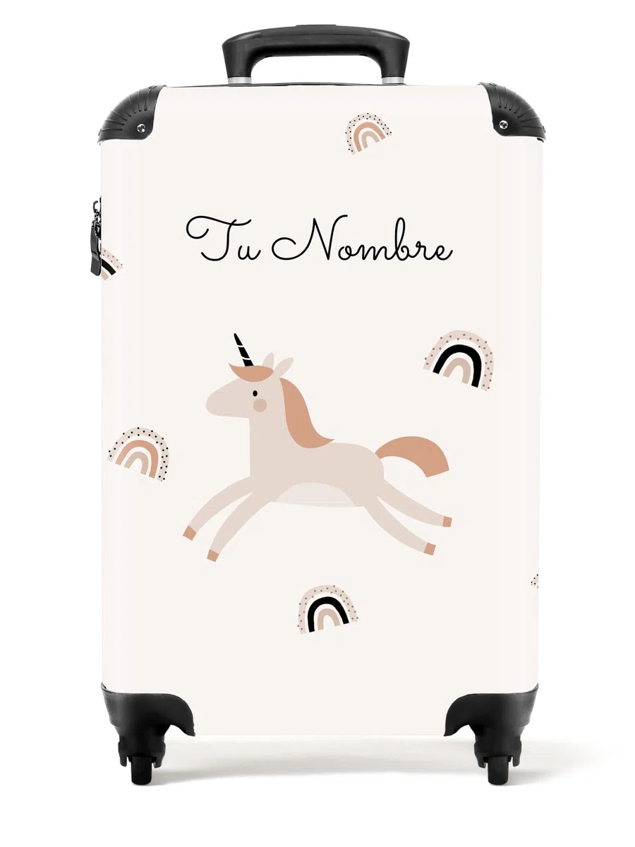 NoBoringSuitcases.com Maleta Infantil Personalizada Rosa Ruedas, Equipaje de Mano Niña Diseño Unicornio Estampado Arcoíris (55x40x20 cm)