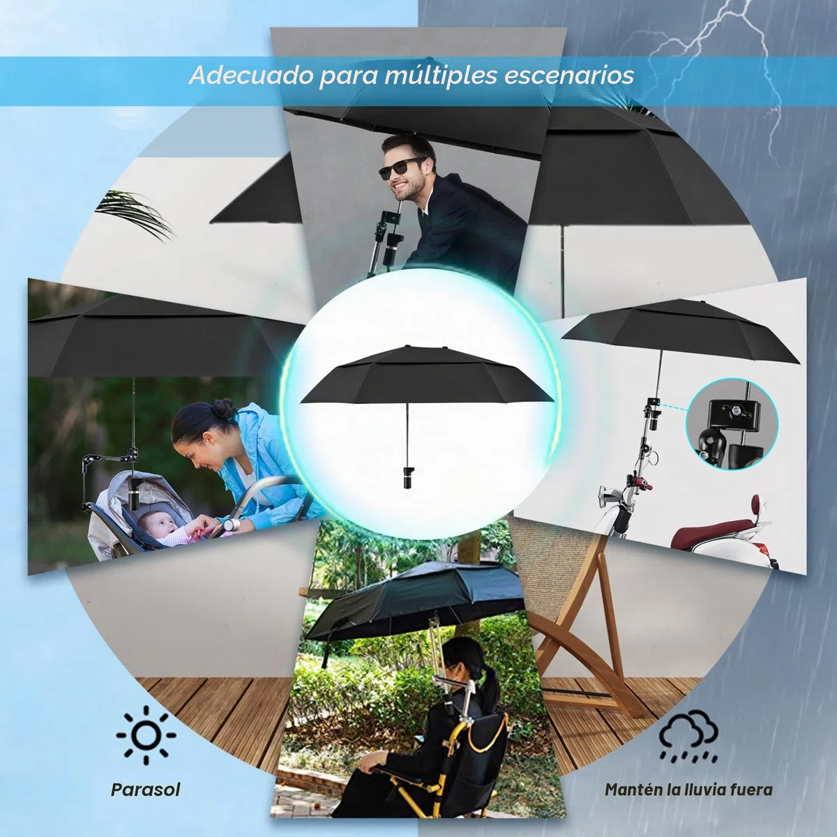 Paraguas para silla de ruedas con abrazadera, paraguas para silla con abrazadera ajustable, protección contra la lluvia/UV, de ruedas, sombrilla extendida de doble cara 40, 9 para cochecito, coc