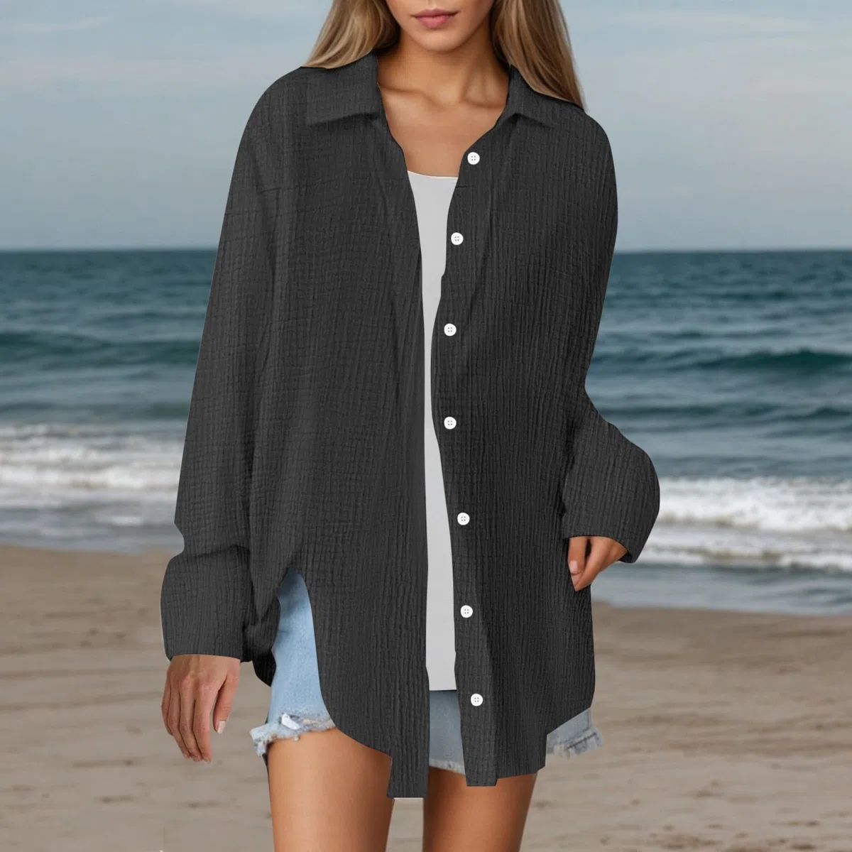 Camisa de gasa con botones para mujer, de gran tamaño, transpirable, de manga larga, con cuello, para verano, de lino, ajuste holgado, ropa de playa, trajes de algodón, estilo informal, color liso