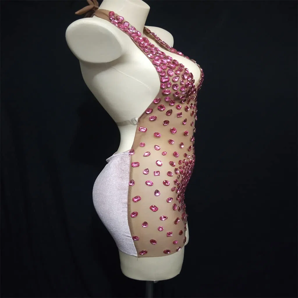 YYDS Vestido corto transparente con pedrería, vestido de baile de mujer con cuello de barco, sin espalda, vestido de noche