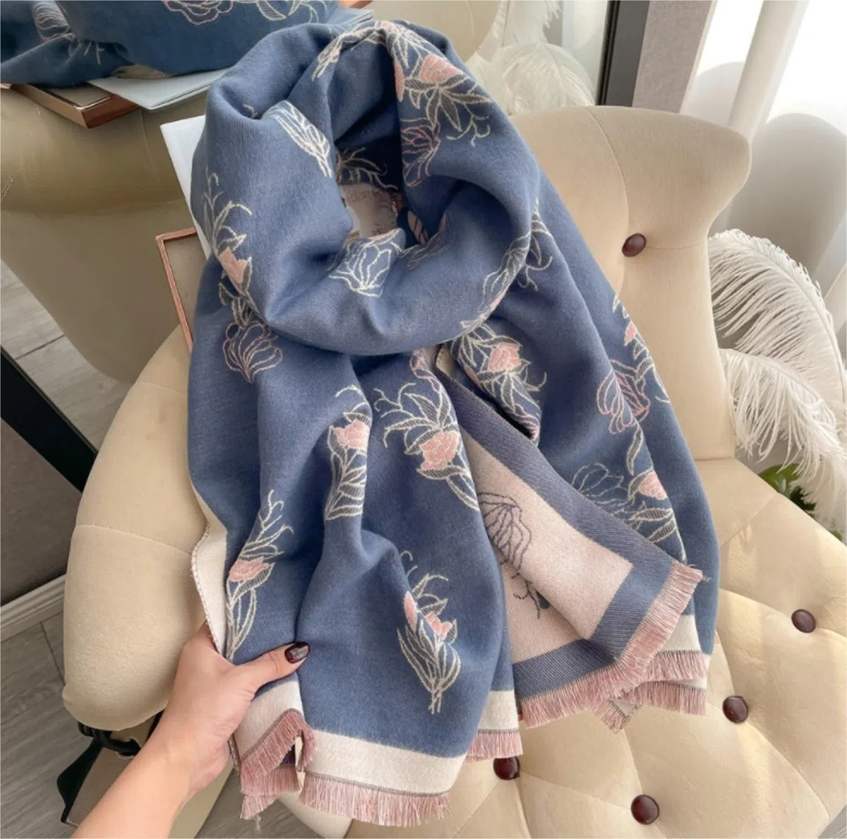 Habrur Bufanda Chal Fular Bufanda Cálida De Doble Cara para Mujer, Chal con Estampado De Flores Y Otoño De Invierno, Grueso Estolas Bufandas (Color : BLU, Size : 190 * 65cm)