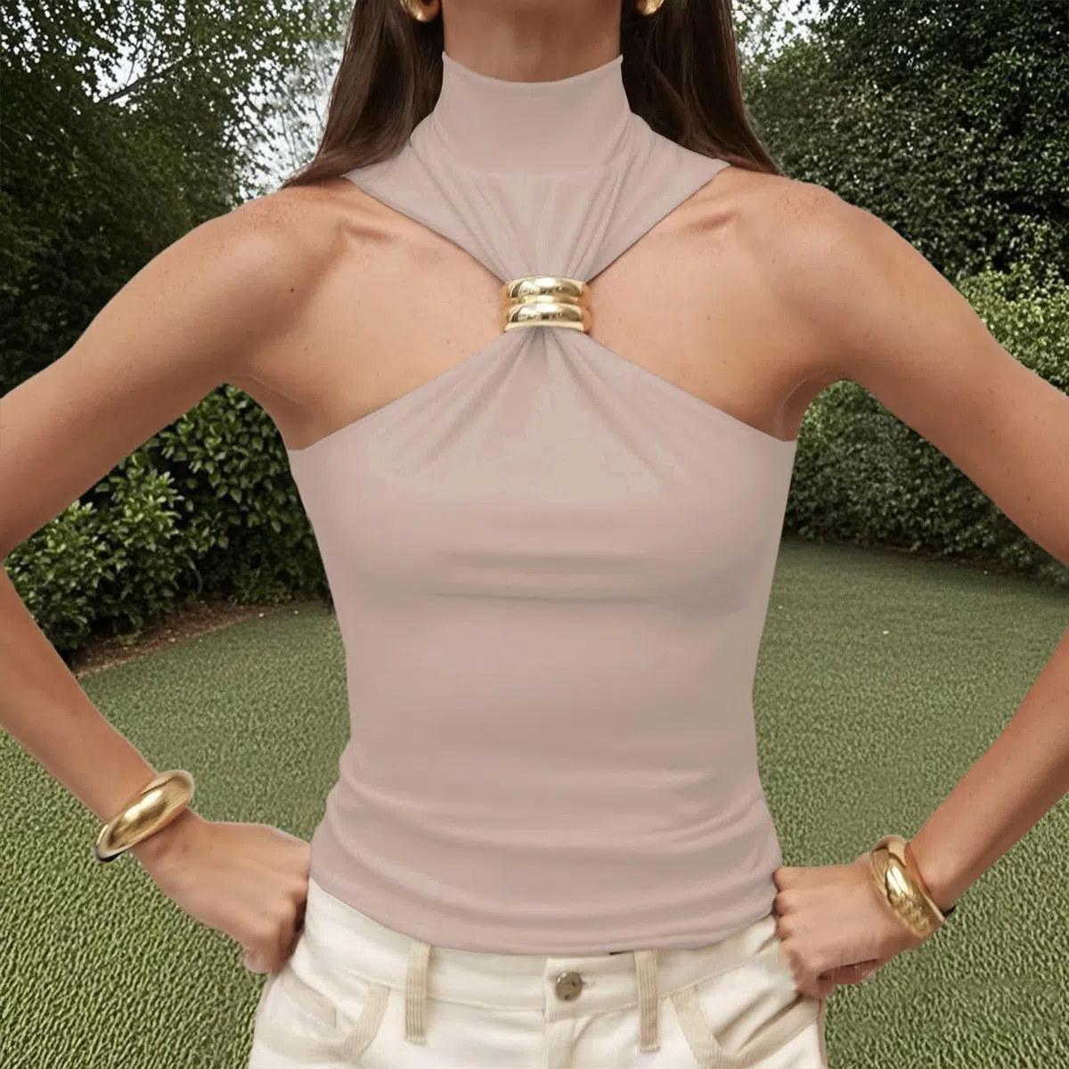 Sexy Outfit Top con Cuello Halter para Mujer, diseño de Anillo, Hombros Descubiertos, sin Mangas, Chaleco Ajustado para Salir, Camisetas sin Mangas, Ropa estética
