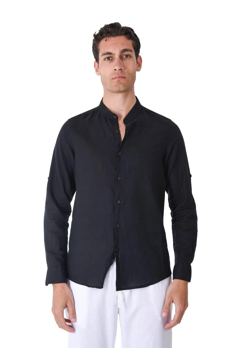 Camisa de hombre 100% lino cuello coreano blanco azul beige celeste negro rosa verde manga larga verano Slim Fit Serafino Sartorial Mangas revolables Negro XL