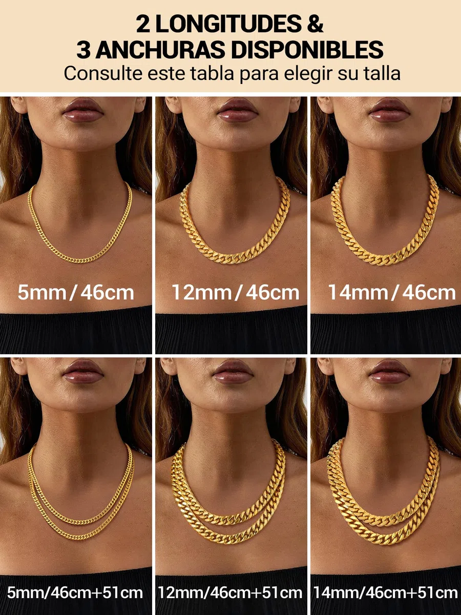 PROSTEEL Cadena Cubana Acero Inoxidable 5/12/14mm Collar Grueso Plateado/Dorado Cadenas Cubanas Eslabones Hip Hop Joyas de Mujer Hombre 46cm/51cm